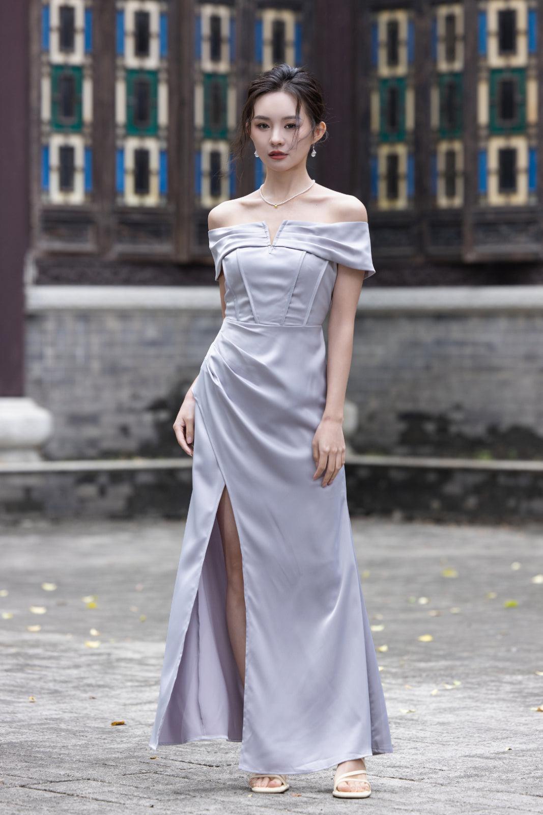 chinese dress ladies Lawrence Off Shoulder Maxi Dress - Shimmer Grey (S