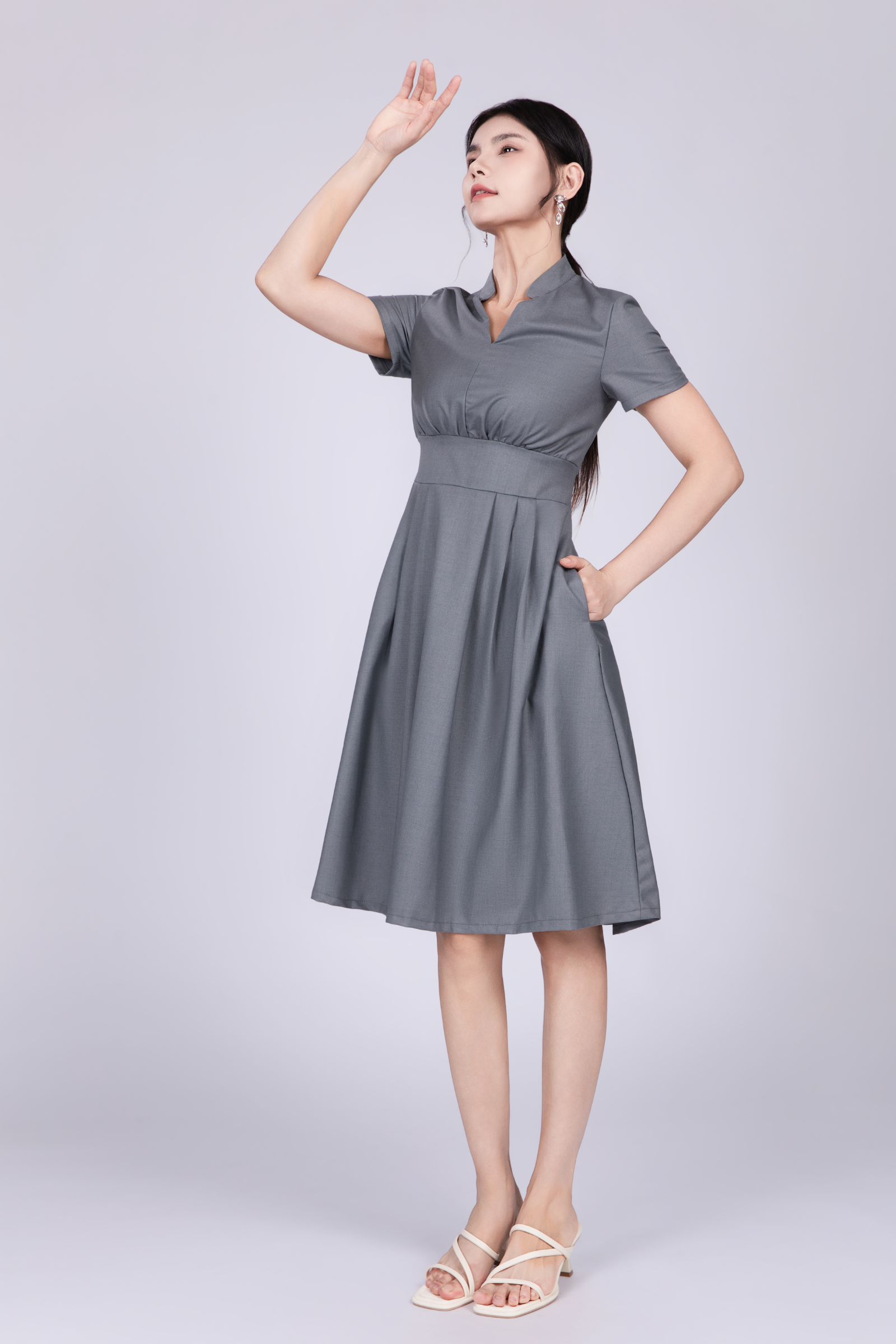 Freya British Midi Dress in Grey Blue