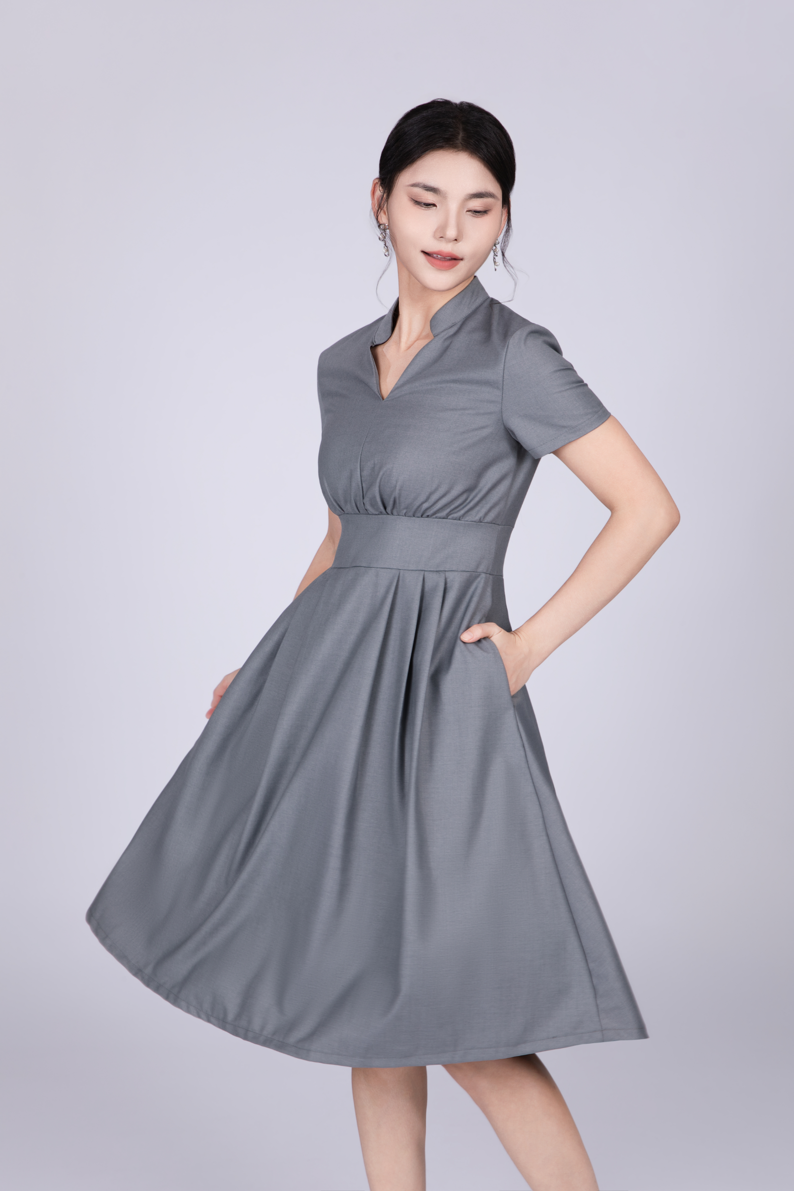 Freya British Midi Dress in Grey Blue