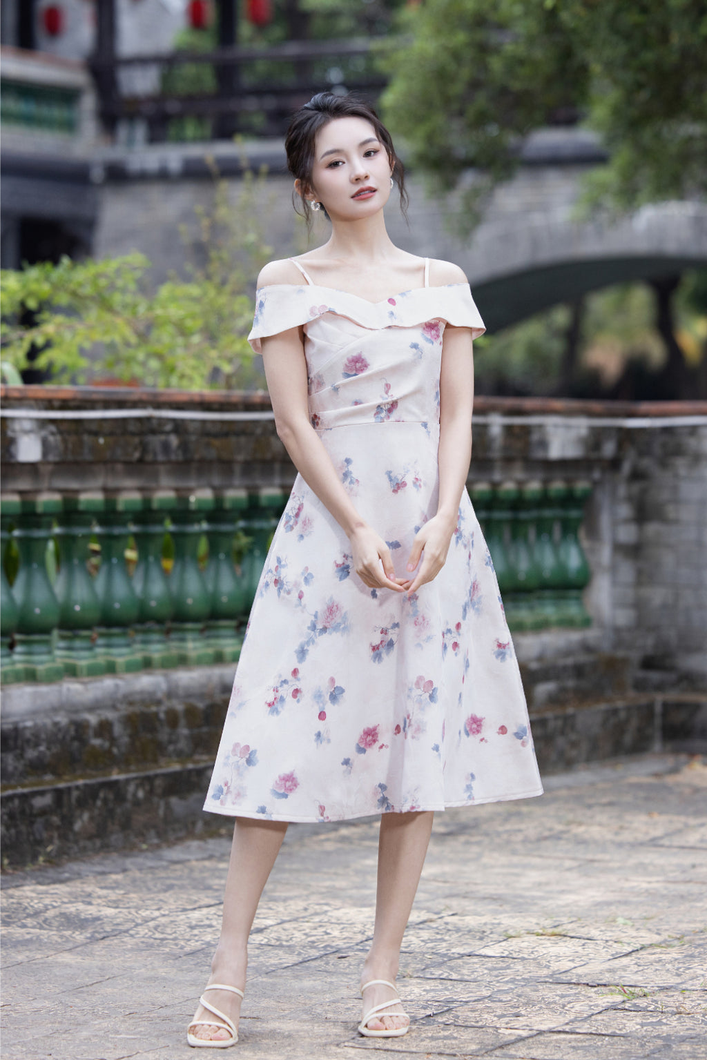 Jin Yuè Floral Off Shoulder Midi Dress