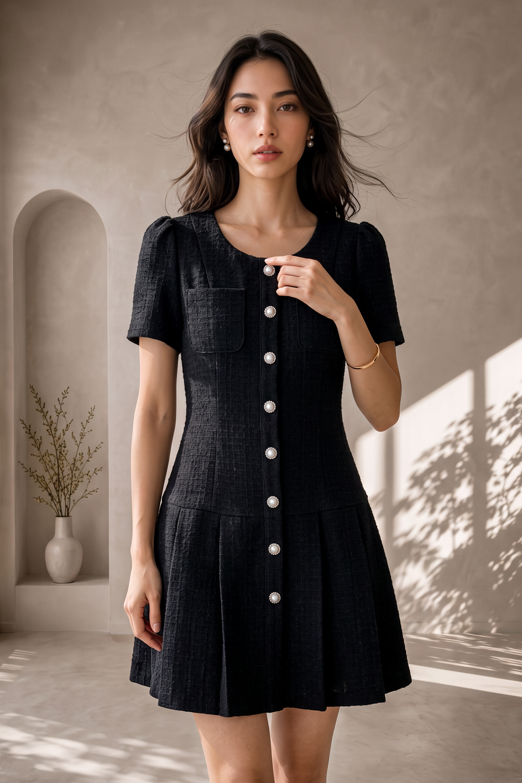 Estelle Pleated Tweed Short Dress