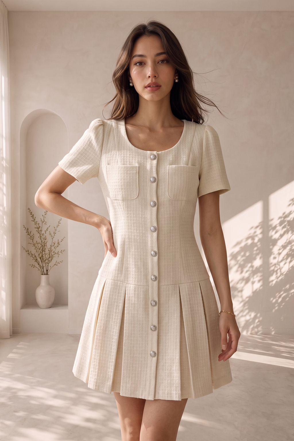 Estelle Pleated Tweed Short Dress