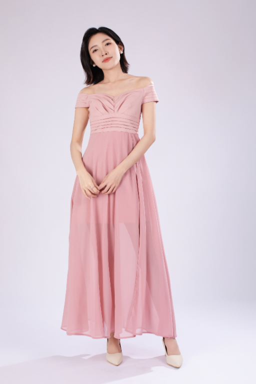 Ella Off Shoulder Padded Maxi Dress in Pink