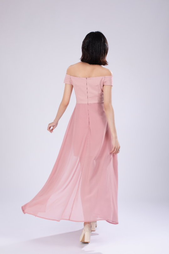 Ella Off Shoulder Padded Maxi Dress in Pink