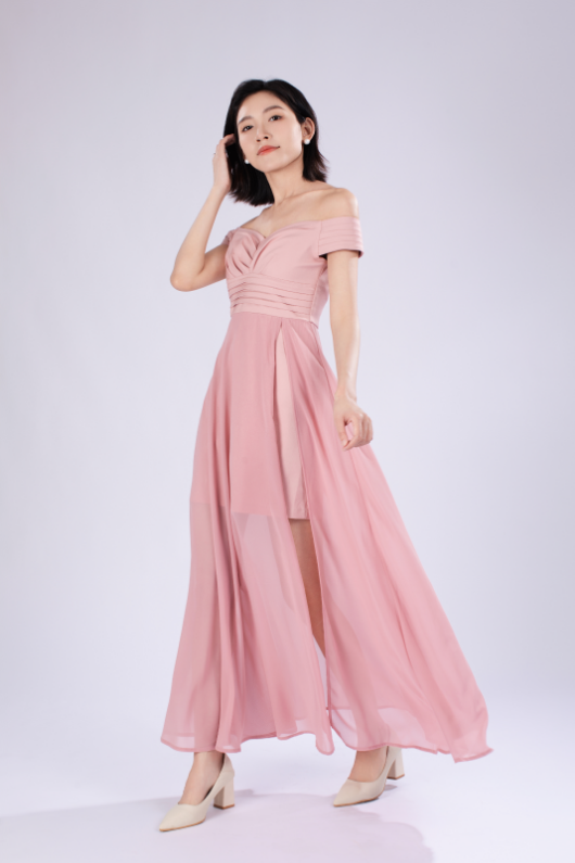 Ella Off Shoulder Padded Maxi Dress in Pink