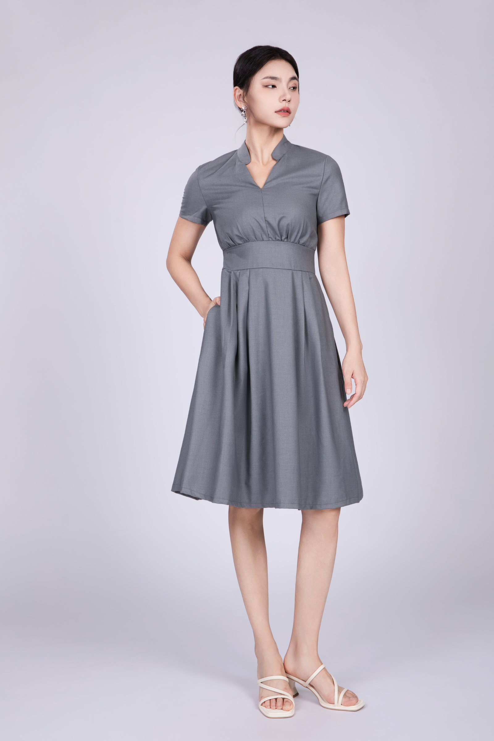 Freya British Midi Dress in Grey Blue