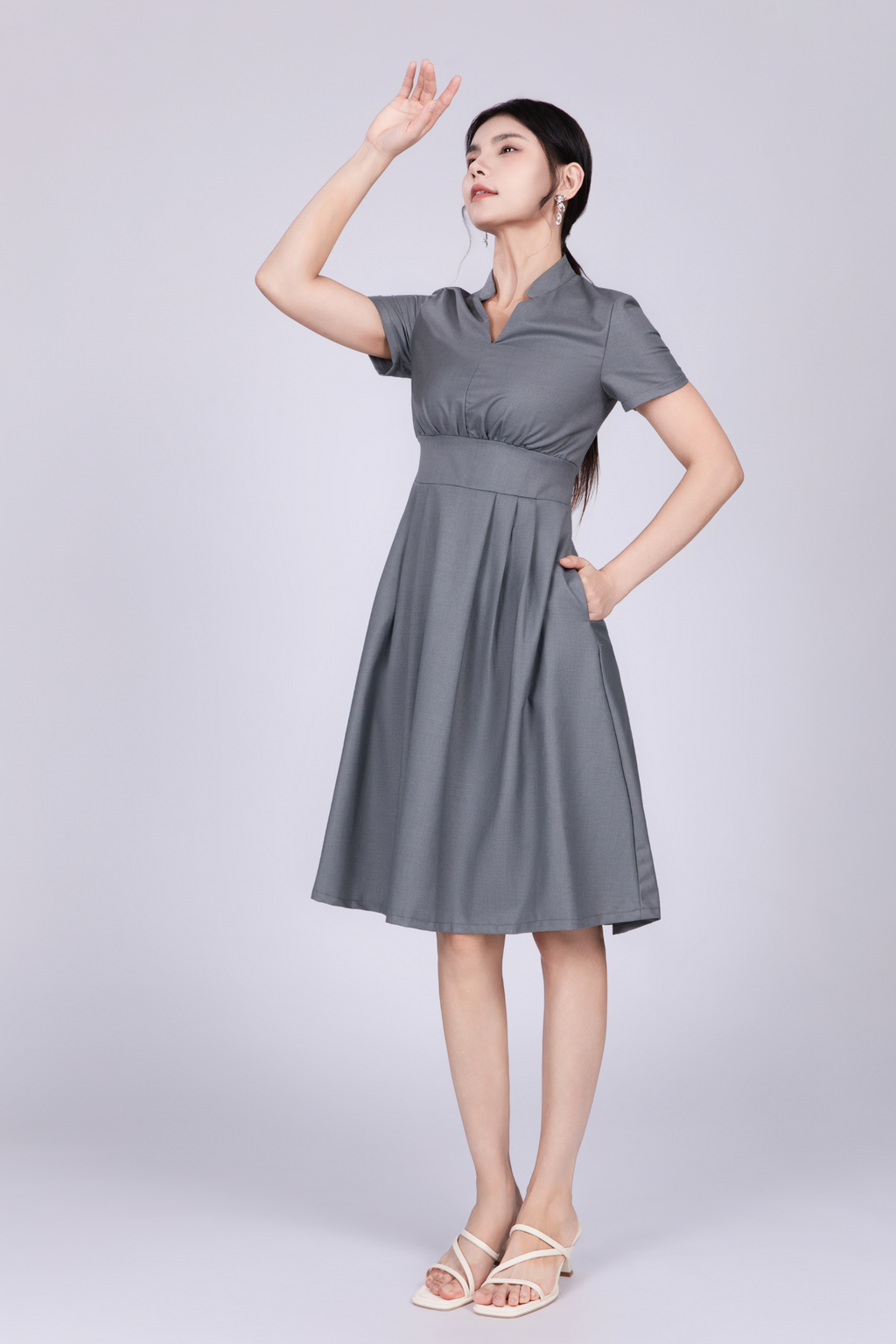 Freya British Midi Dress in Grey Blue