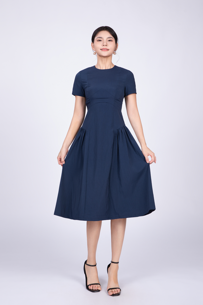 Freya Retro Midi Dress in Navy Blue