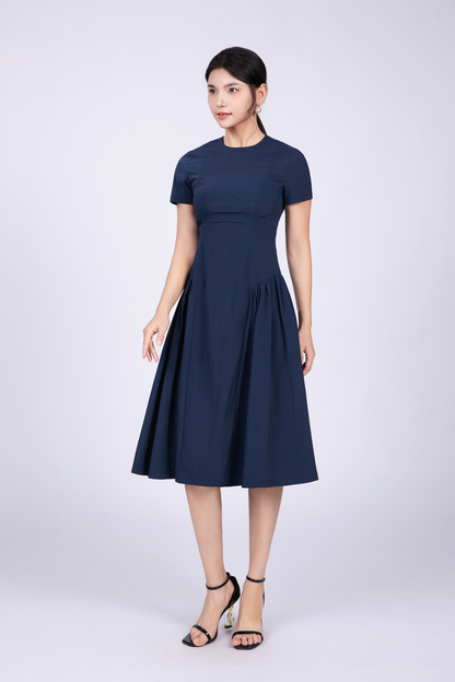 Freya Retro Midi Dress in Navy Blue