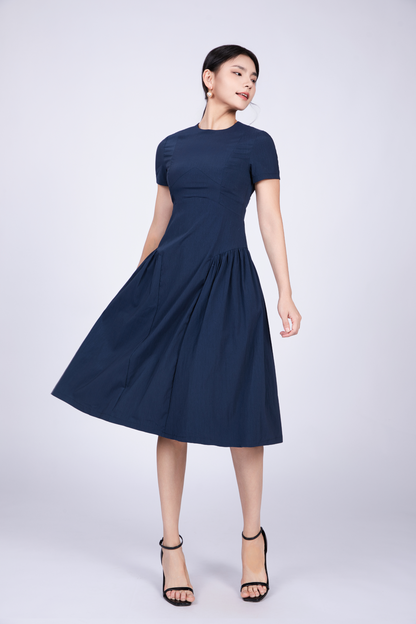 Freya Retro Midi Dress in Navy Blue