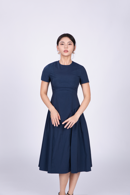 Freya Retro Midi Dress in Navy Blue