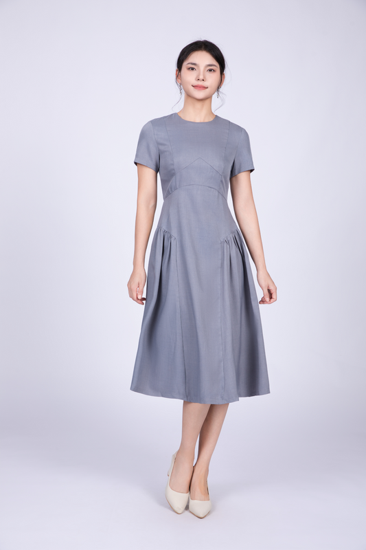 Freya Retro Midi Dress in Grey Blue