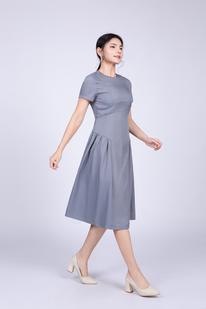 Freya Retro Midi Dress in Grey Blue