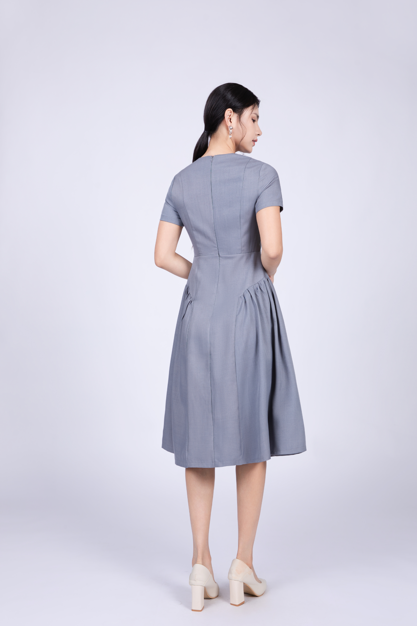 Freya Retro Midi Dress in Grey Blue