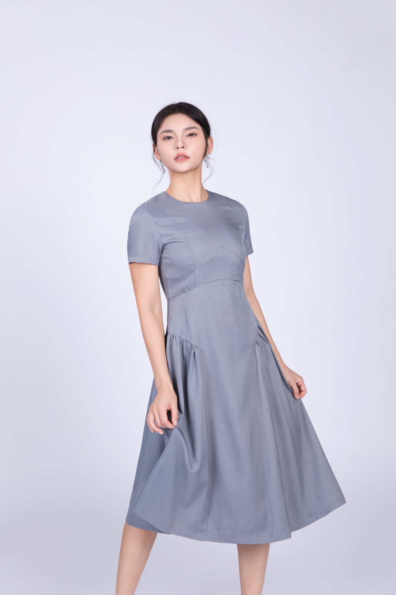 Freya Retro Midi Dress in Grey Blue