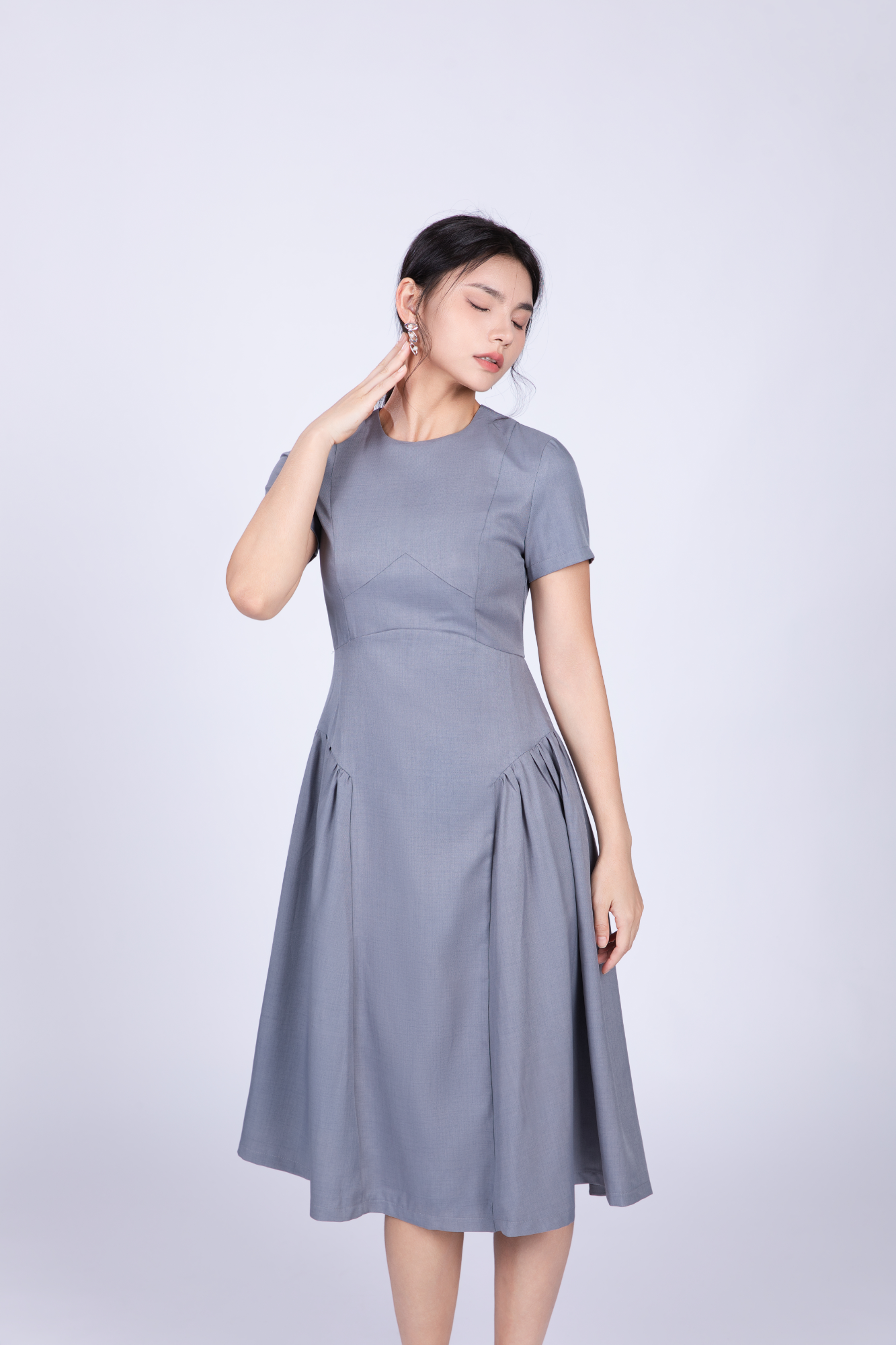 Freya Retro Midi Dress in Grey Blue