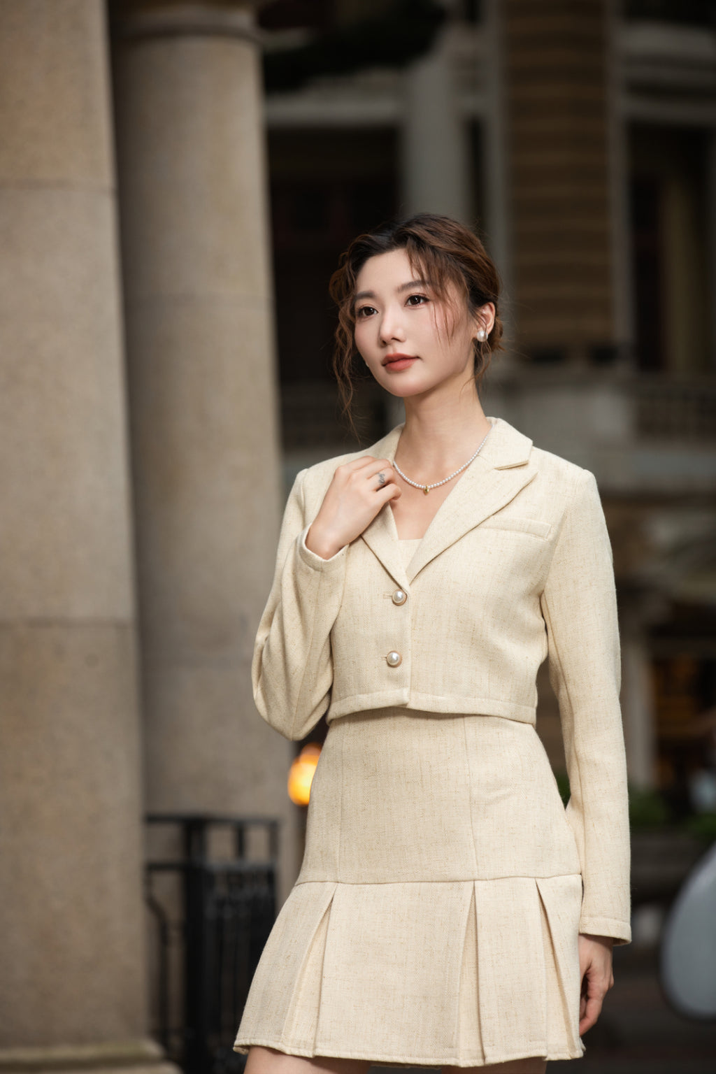 Xīn Yuè Pearl Button Tweed Set Wear