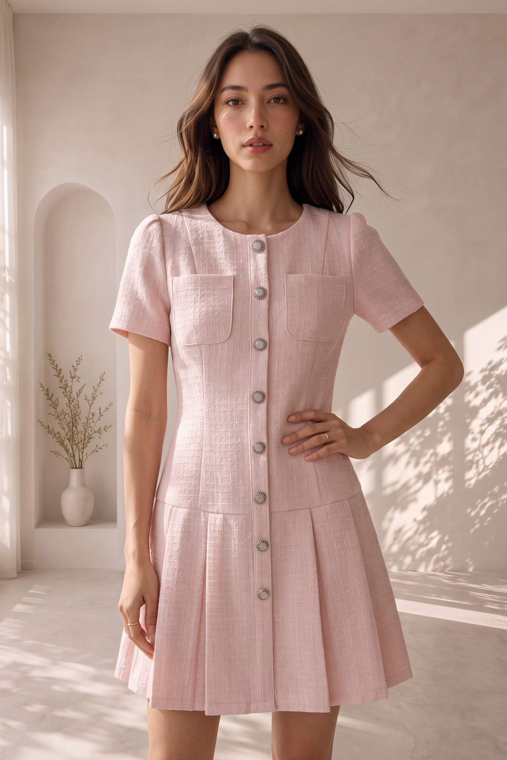 Estelle Pleated Tweed Short Dress