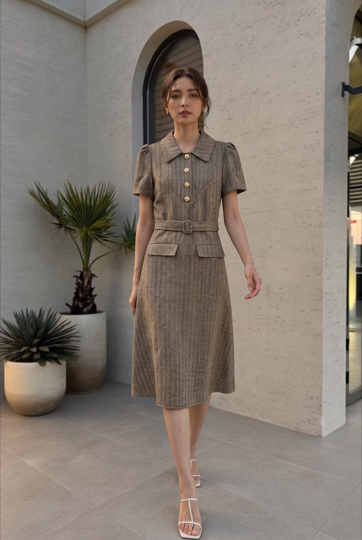 Mia Tweed Belted Midi Dress