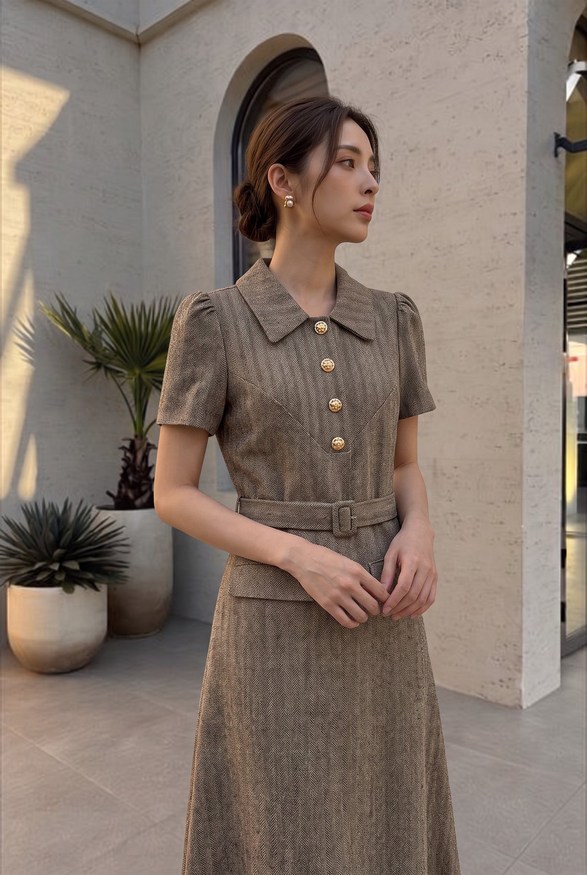 Mia Tweed Belted Midi Dress