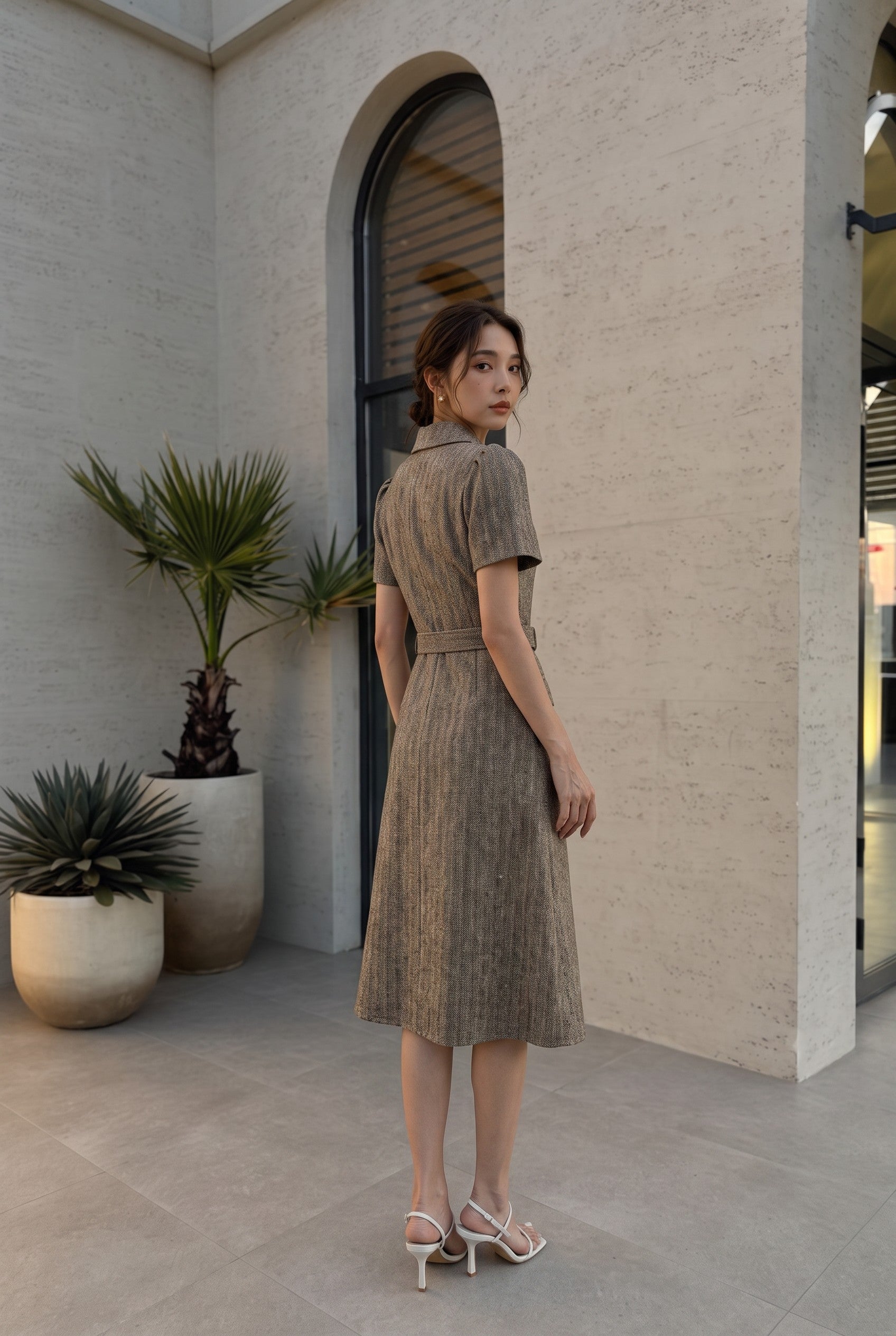 Mia Tweed Belted Midi Dress
