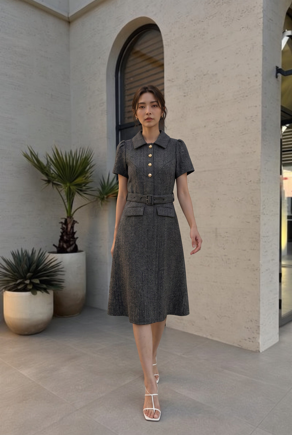 Mia Tweed Belted Midi Dress