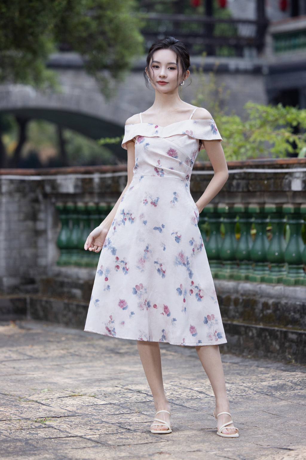 Jin Yuè Floral Off Shoulder Midi Dress