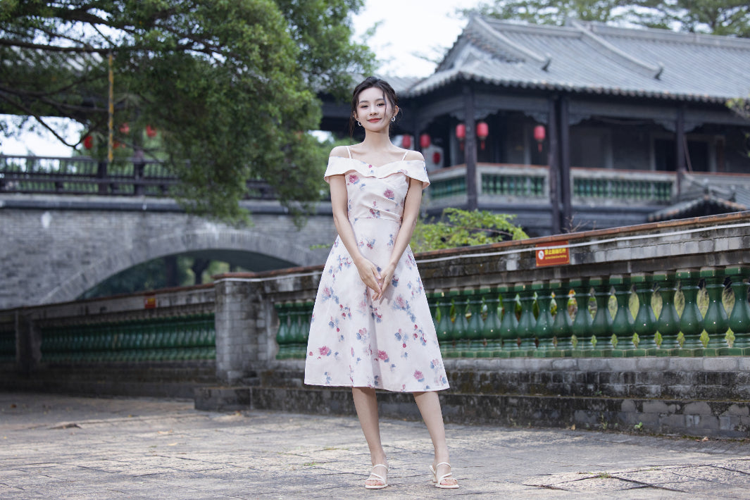 Jin Yuè Floral Off Shoulder Midi Dress