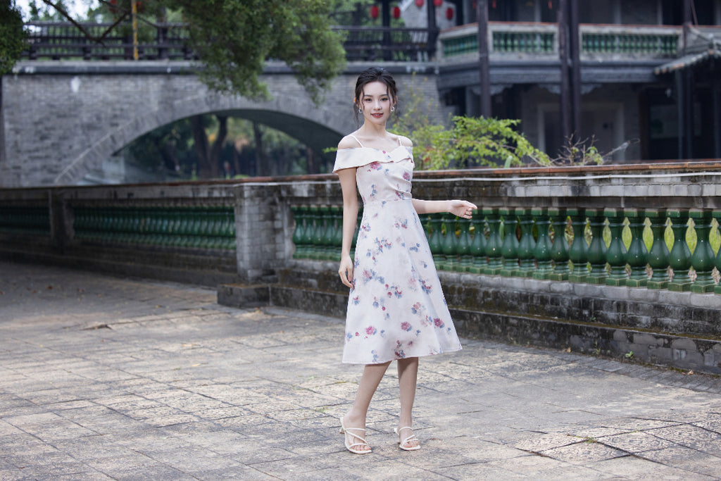 Jin Yuè Floral Off Shoulder Midi Dress