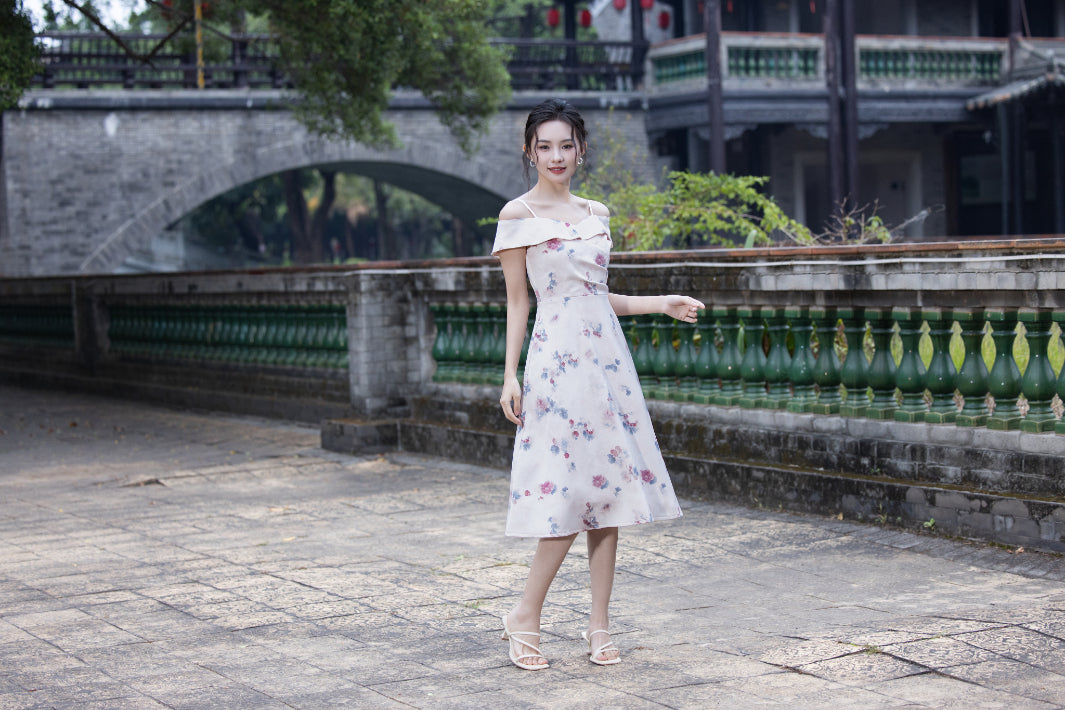 Jin Yuè Floral Off Shoulder Midi Dress