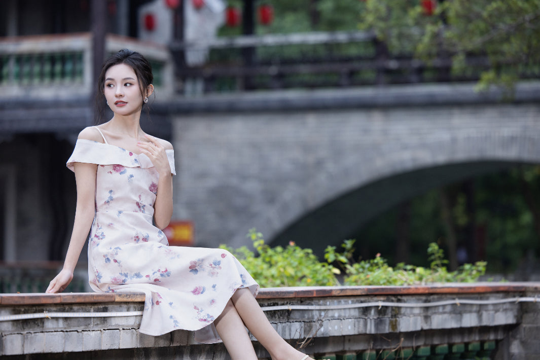 Jin Yuè Floral Off Shoulder Midi Dress